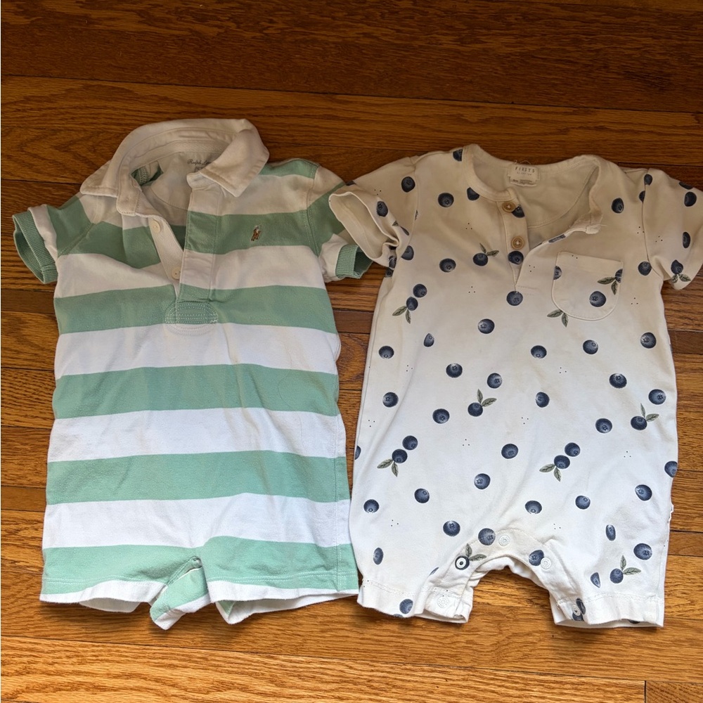Ralph Lauren White & Mint Striped Baby Polo Romper Set and Petit Lem romper set